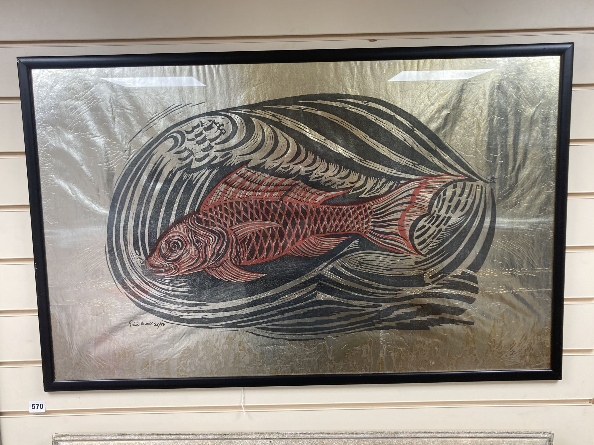 Enid Crystal Dorothy Marx F.R.S.A. (1902-1998), Gold Fish, linocut on gold foil, 58 x 95cm